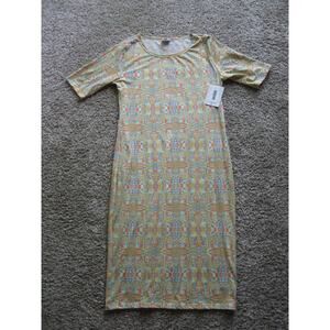 New LuLaRoe Julia Knee length Dress womans Large Yellow Pink Blue Carnival Fun!
